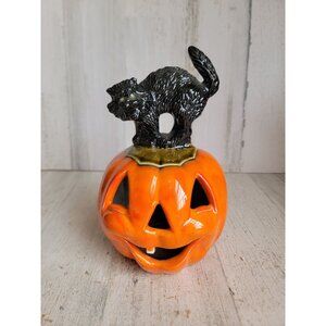 Vintage ceramic black cat pumpkin candle cover Halloween‎ decor